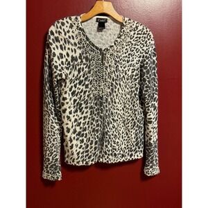 Cami Leopard Print Angora Blend Cardigan Size‎ S Pearl Rhinestone Embellished